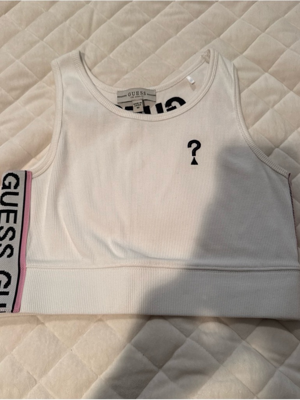 GUESS White Ribbed Logo Crop Tank with Pink Side Stripe